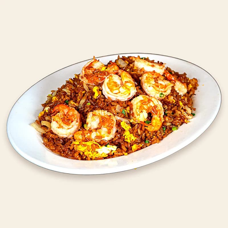 Shrimp fried rice on a white plate