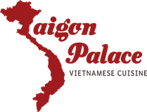 Saigon Palace Vietnamese Cuisine logo: a red map of Vietnam forming the S of Saigon